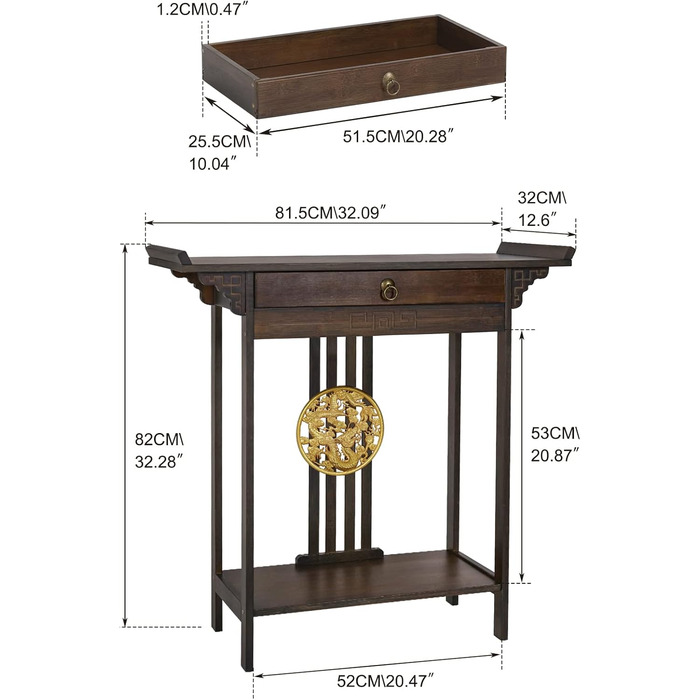 Дерев'яний консольний столик з ящиком, 2 полиці, китайський стиль, 53x29x83см (коричневий)