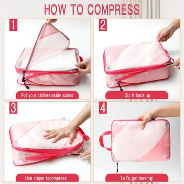 Набір компресійних органайзерів для подорожей AiQInu (5 шт.), ультралегкі сумки для пакування одягу в валізу з мішком для взуття та прання, рожеві