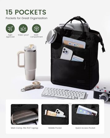 LOVEVOOK Рюкзак для жінок, 15.6 дюймів, рюкзак для школи, підліток, дівчина, велика кишеня для пляшки, велике відкриття, сумка для роботи, шкільний рюкзак, рюкзак для подорожей, універсітету, чорний