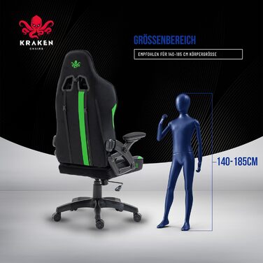 Крісло геймерське KRAKEN CHAIRS - ергономічне, тканинне, для комп'ютера, 130 кг, чорно-зелене