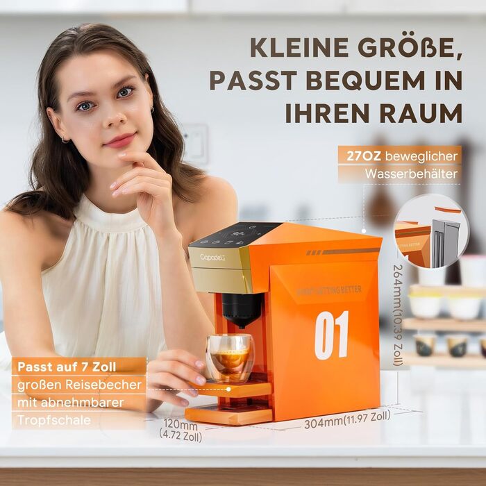 Кавомашина 4-в-1 для NES, Dolce Gusto, K-Cup та меленої кави, 19 bar, сенсорне керування, помаранчевий колір