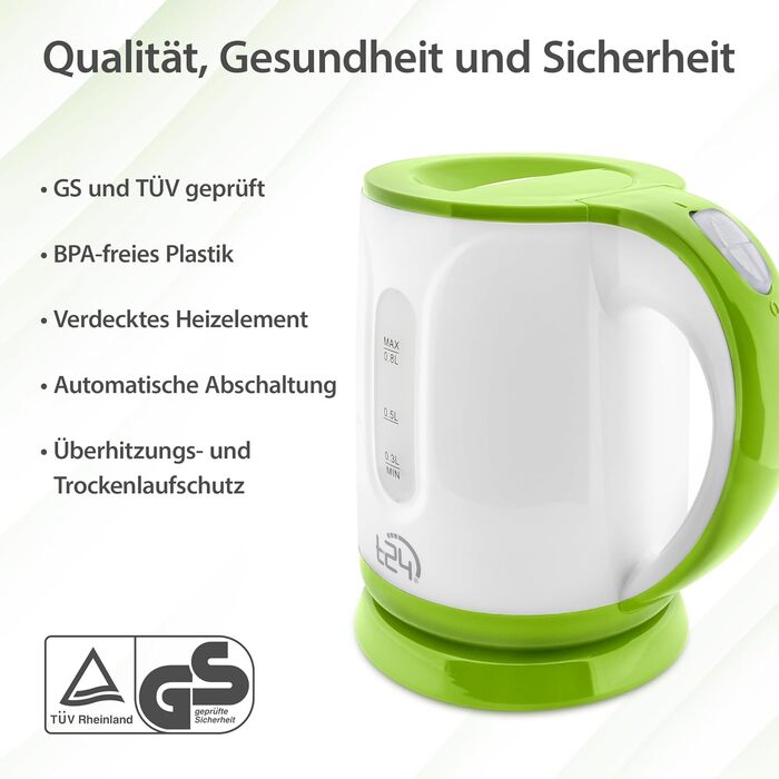 Чайник 1 л, чайник малий, туристичний чайник із захистом від сухого ходу, легкий (650 г), без бісфенолу А, 1100 Вт, TV Rheinland GS протестований, чайник, чайник 1 літр, міні-чайник, рожевий білий (зелений), 24