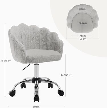 Крісло WOLTU для офісу та дому, крісло до туалетного столика з підлокітниками у вигляді пелюсток, поворотне з роликами, регульоване по висоті, для робочого кабінету, спальні (Світло-сірий, кашеміровий матеріал)