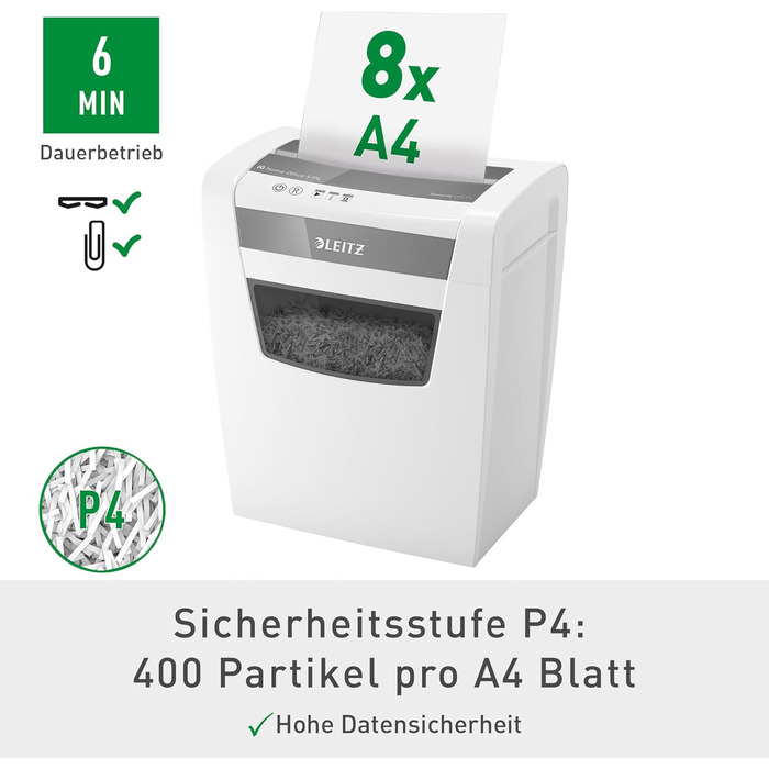 Шредер Leitz IQ Home Aktenvernichter: безпечний, тихий та компактний для дому та офісу, P4, 8 листів, білий