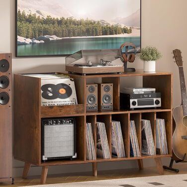 Стійка для платівок з полицями на 450 альбомів, коричнева. Підставка для вінілових платівок для музичної кімнати або вітальні