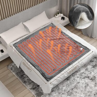 Електрична ковдра з таймером та пультом керування, 133x155 см, 6 режимів нагріву, машинне прання, сіра