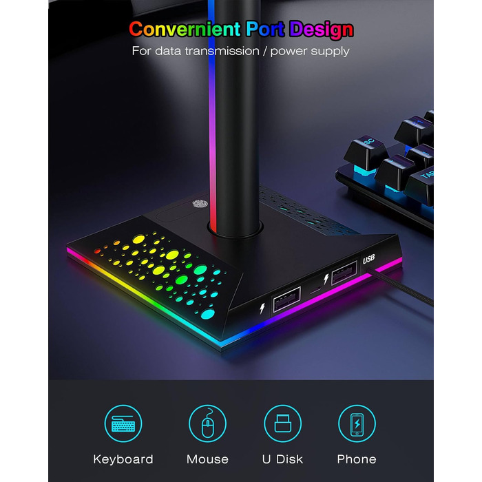 Кронштейн для гарнітури HCMAN RGB з 2 USB, світлодіодна підставка для навушників для ПК-геймера, чорний