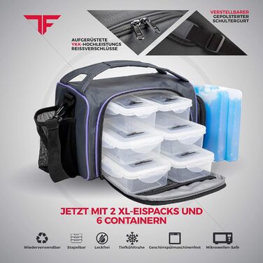 Ізольована ланчбокс з 6 контейнерами для їжі – BPA-Free, багаторазовий, підходить для мікрохвильової печі та морозильника – ланч-торба з шейкером, органайзером для пігулок, плечовим ремінцем та охолоджувальними акумуляторами – термосумка (фіолетовий)