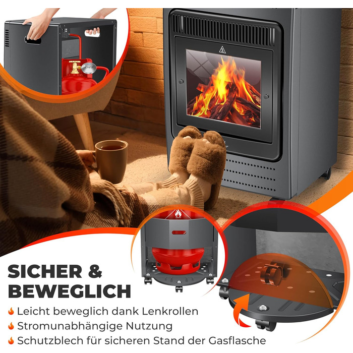 Газовий обігрівач KESSER®: газовий камін-обігрівач з інфрачервоним випромінюванням, 3.4 кВт, 2 режими, з регулятором тиску та шлангом, сумісний з бутаном/пропаном (до 11 кг), антрацит