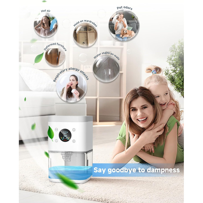 Електричний осушувач повітря 1800 мл, тихий, з функцією автоматичного відтавання, очищення повітря та захист від вологи, для спальні/ванної кімнати - білий
