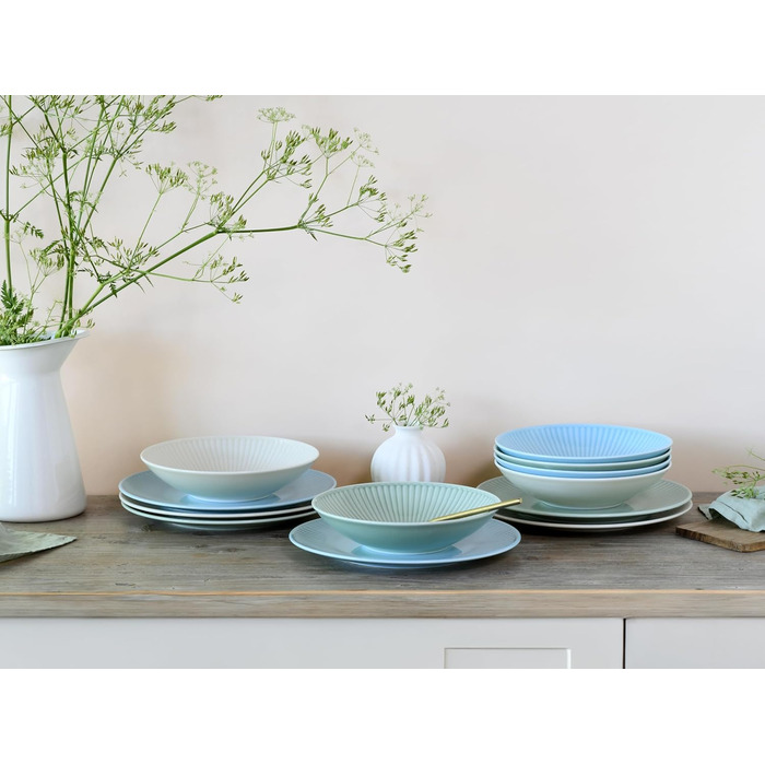 CreaTable Серія Valencia Pastell: 12-ти частинний сервіз для 6 осіб з порцеляни, Made in Europe (кремовий, блакитний, зелений)