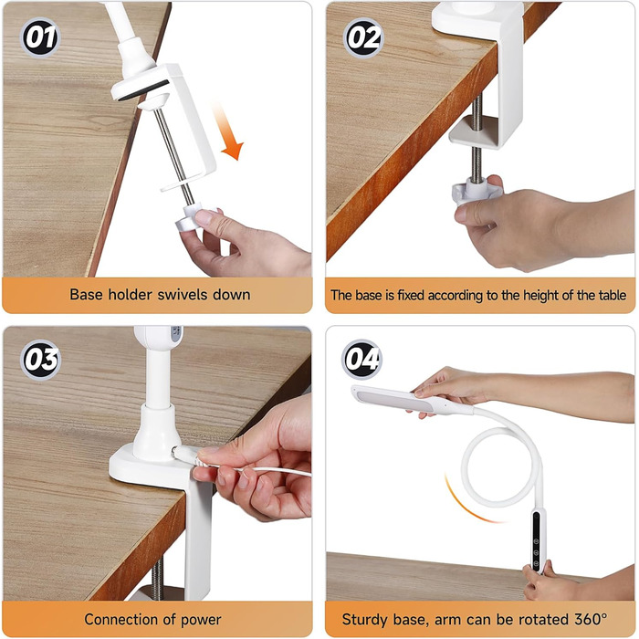Світлодіодна настільна лампа, затискна, 5 кольорів і яскравості, 360 гусяча шия, сенсорне та дистанційне керування, білий