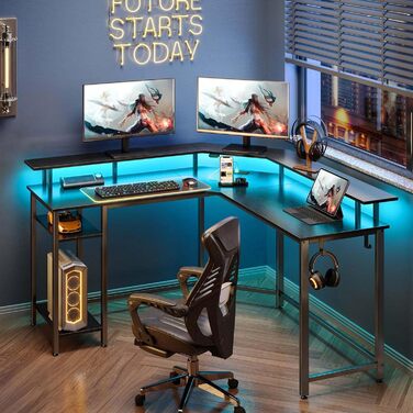 Комп'ютерний стіл Rolanstar L-подібний з RGB підсвічуванням та розетками, кутовий ігровий стіл, стіл для офісу, робочого кабінету, спальні (117 см, чорний, 137 x 137 x 87 см)