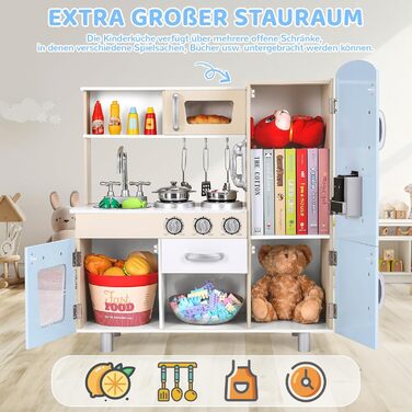 Дерев'яна дитяча кухня Mamizо з аксесуарами, 81x74x30 см, з підсвіткою та звуком, для дітей від 3 років, біло-блакитна