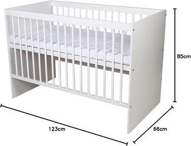 Дитяче ліжко KMbaby TANY White 120x60 см з матрацом - регульоване по висоті ліжечко з соснової деревини