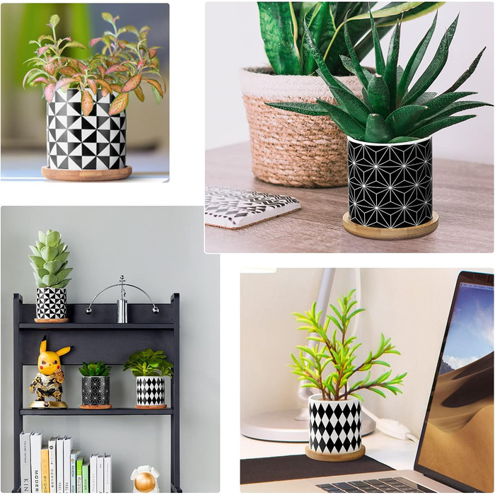 4 шт. горщики для сукулентів Coolty, кераміка, 7 см, міні-кактуси, геометричний дизайн, з підставкою та бамбуковим піддоном для декору