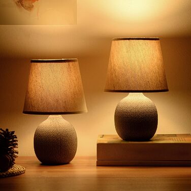 Набір з 2 настільних або приліжкових ламп - 28,5 см - Коричневі/бежеві керамічні цоколі зі структурою - Бежеві лляні абажури