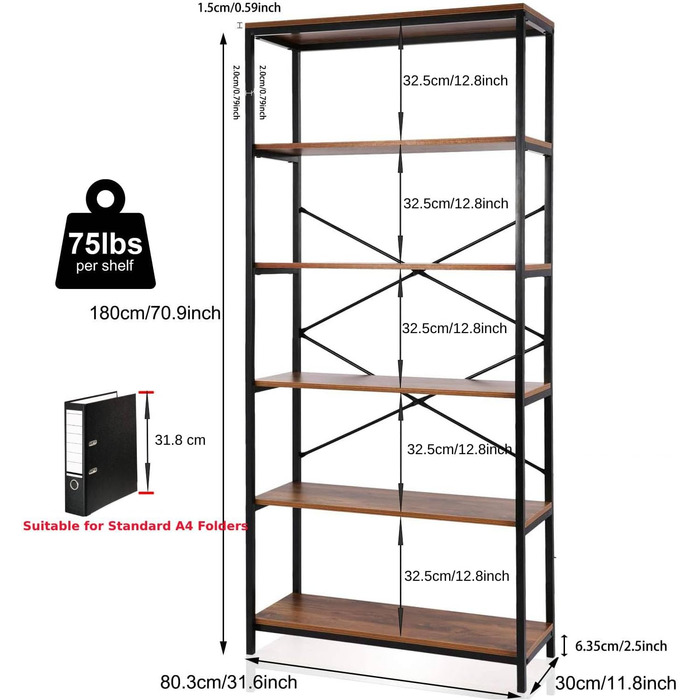 Книжкова шафа Himimi 6 полиць, стояча полиця з металевим каркасом, полиця для офісу, вітальні, кабінету, передпокою та спальні, 30 х 81 х 180 см, індустріальний стиль