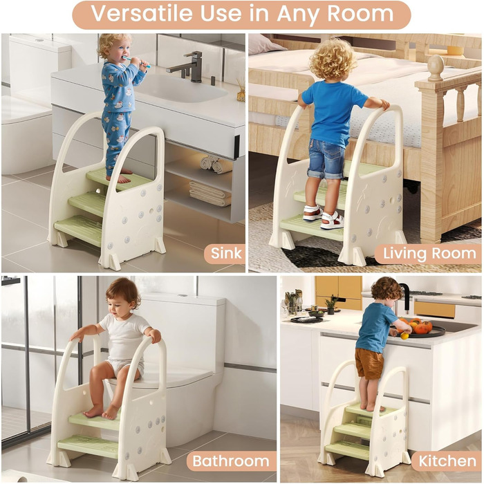 Дитячий ходунок-стілець Hoopyosms Tritthocker з ручкою, безпечний та стійкий, 2/3 сходинки для ванної, кухні та туалету (зелений)