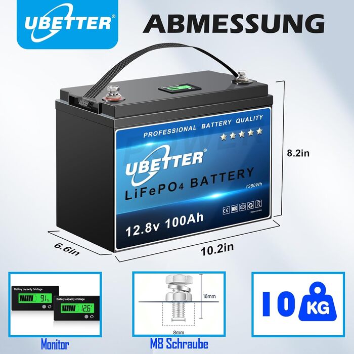 Акумулятор UBETTER 12V 100Ah LiFePO4 зі світлодіодним дисплеєм, 100A BMS, 4000 циклів, послідовно/паралельно, домашнє зберігання енергії