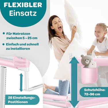 Захисний бортик для ліжка KESSER® 150 см, сітчастий бортик для дитячого ліжка, складаний та регульований по висоті, захист від випадання для немовлят та дітей (Рожевий, 180 см)