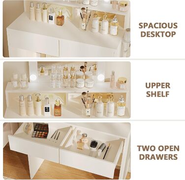 Трюмо JUMMICO з LED-підсвічуванням та дзеркалом, регульована яскравість та колірна температура, косметичний столик з 9 LED-лампочками, білий