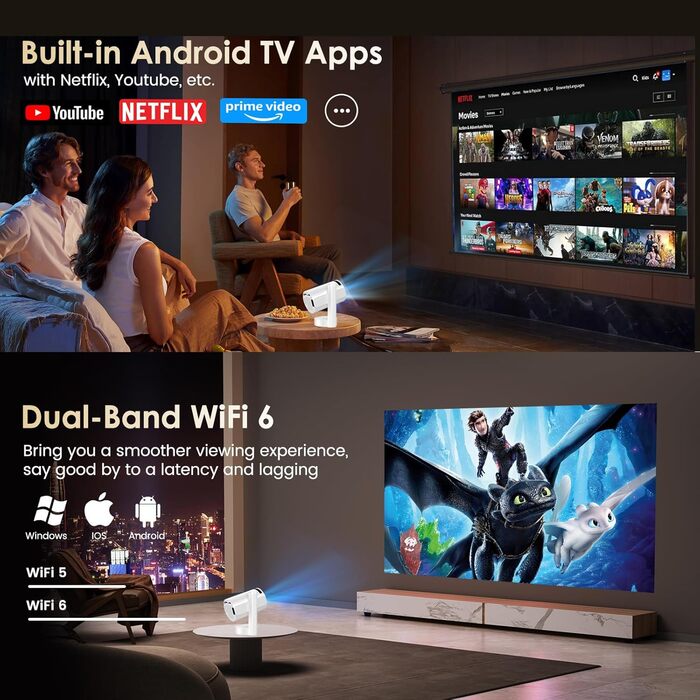 Портативний проєктор Mini Beamer 4K/1080p з Wi-Fi 6, Bluetooth 5.4, Android 13.0. Короткий фокус, поворот 270°, авто-корекція трапецеїдальних спотворень. Підтримка HDMI, TV Stick, Laptop, Memory Stick