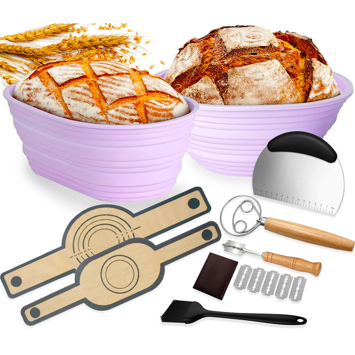 Набір для закваски Sauerteig: 650 мл скляний ферментер, силіконові корзини для випічки (круглі та овальні), 30-ти елементний набір для випічки хліба, легко мити та зберігати. Подарунок для початківців та досвідчених пекарів (8 шт. синій набір для фермента
