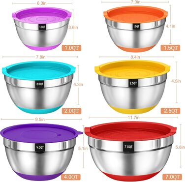 Набір мисок для приготування їжі з нержавіючої сталі (6 шт.) з кришками та силіконовим дном, набір терок, 6.6/3.8/2.4/1.9/1.4/0.6 л - кольорові