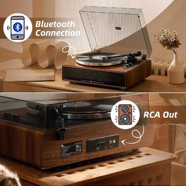 Програвач вінілових платівок 1 by ONE з Bluetooth, вбудованими динаміками, ремінним приводом, автостопом та фоно-підсилювачем, 33/45 об/хв