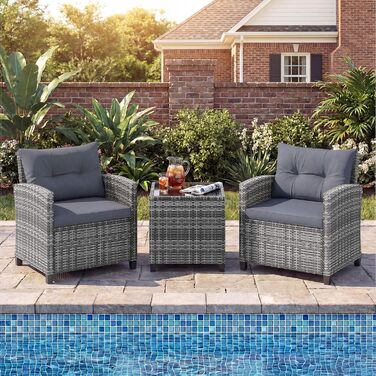 Садовий набір меблів COSTWAY з ротангу, 3 предмети: 2 крісла, стіл із загартованим склом, подушки. Меблі для балкона та тераси на 2 особи, сірий