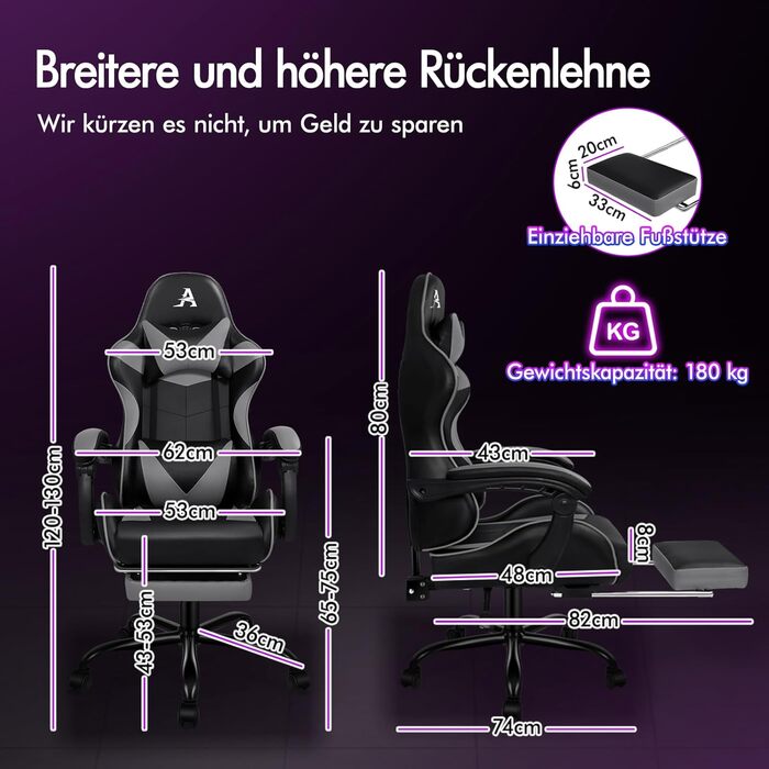 Ігровий крісло ALFORDSON з підніжкою, масажем та регулюванням на 150°, чорний (серія Eryx)
