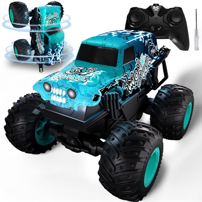 RC Monstertruck 1:20 2.4GHz синій - радіокерований позашляховик для хлопчиків та дівчаток від 3 років з LED підсвіткою, музикою та функцією 'ходьба на двох колесах'