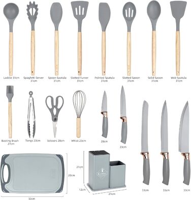 Набір кухонних ножів EliteHoff 19 предметів – набір кухонних аксесуарів з силікону з дерев'яними ручками, 5 ножів, 12 аксесуарів, дошка для нарізання та підставка – безпечний для харчових продуктів, придатний для миття в посудомийній машині, чорний (E-607