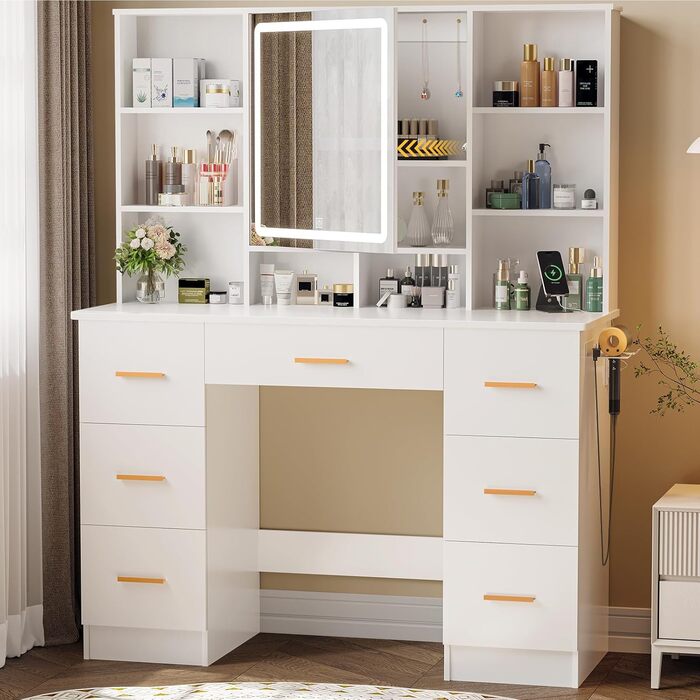 Дзеркальний туалетний столик Belife з підсвічуванням та 7 висувними ящиками, розеткою та 3 кольорами світла для спальні V5