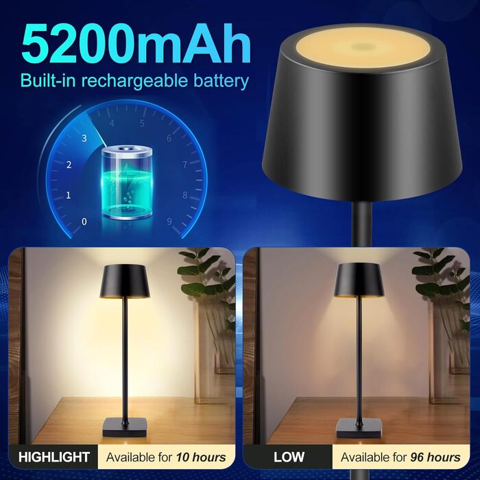 LED настільна лампа Seihoae бездротова, 6000mAh, IP54, алюміній, сенсорне керування, тепле світло, для спальні, кав'ярні, ресторану, чорна