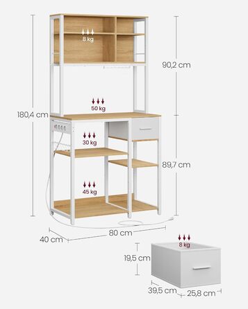 Стелаж кухонний VASAGLE з розетками, 40 x 100 x 180,4 см, 12 гачків, антрацит-чорний, KKS027B02
