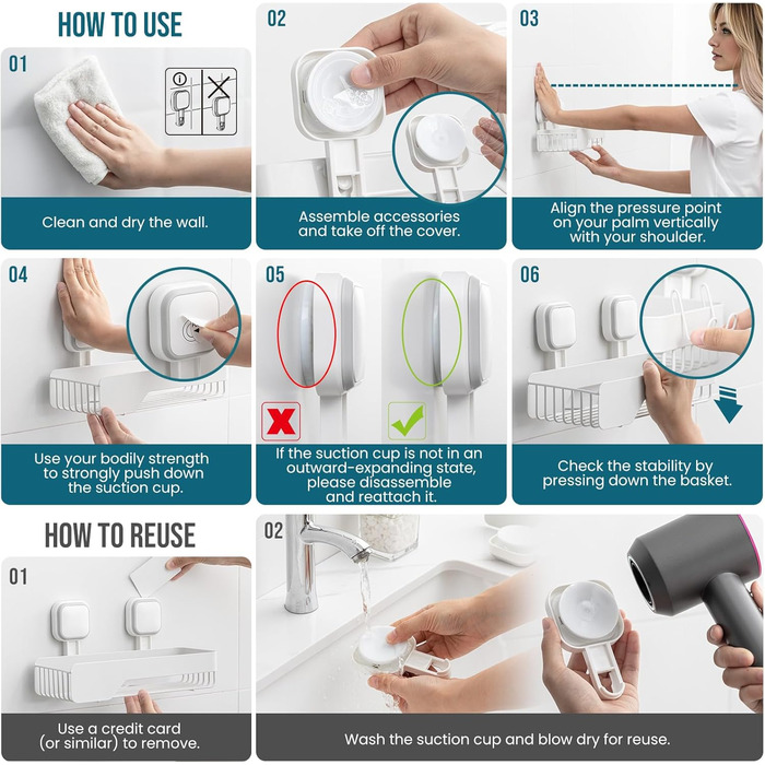 Корзина для душу TAILI з кріпленням на присоску, нержавіюча сталь, без свердління, чорна, 2 шт. (3 x білий)