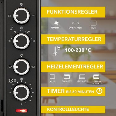 Багатофункціональна міні-піч Heinrich's 48L з конвекцією, таймером, підсвічуванням, 100-230°C, сенсорне керування, з аксесуарами, чорна, 2000W