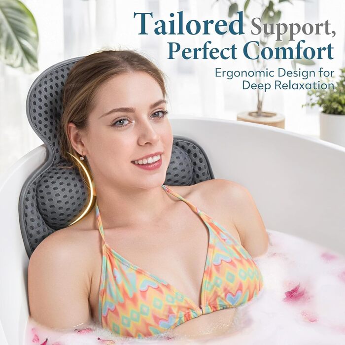 Подушка для ванни на голову та шию з 3D-сітки, 54 присоски, сіра, потовщена - для комфортного релаксу
