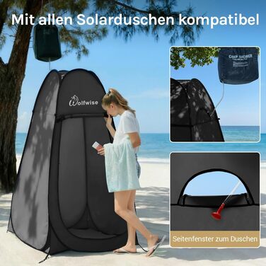 Складаний душовий та роздягальний намет WolfWise для кемпінгу та пляжу, водонепроникний з UV-захистом, 190x100 см, чорний