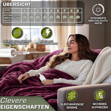 Електрична ковдра з таймером 200x180 см | 9 температурних режимів | Ковдра для ліжка та дивану | Електрична ковдра з цифровим дисплеєм (180x130 см, Бордовий)
