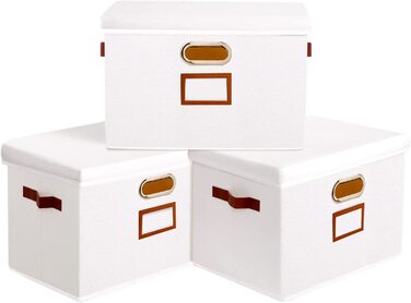 Ящик для зберігання OUTBROS з кришкою і ручкою, складаний ящик для зберігання з тканини кошика для зберігання з кишенею для етикеток, органайзер для іграшок, одягу, книг, 32 х 23 х 20 см 3 шт. (білий, великий (3 упаковки))