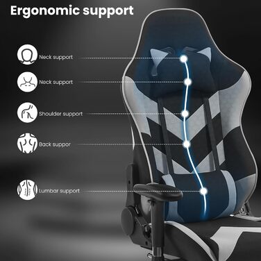 Крісло ігрове WOLTU з тканини, дихаюче, для літа, ергономічне, з підтримкою попереку, для геймерів, racing, PC, з функцією гойдання та підніжкою, для стрімінгу, чорно-сіре, тканинне