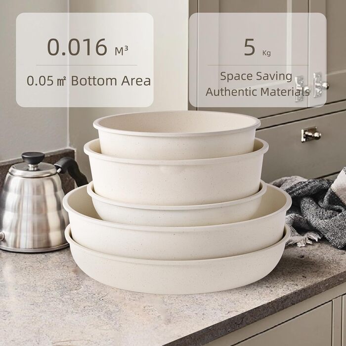 Набір каструль та сковорідок RIOVARM з індукційним дном та знімними ручками, антипригарне гранітне покриття, 16 предметів. Без PFOA.