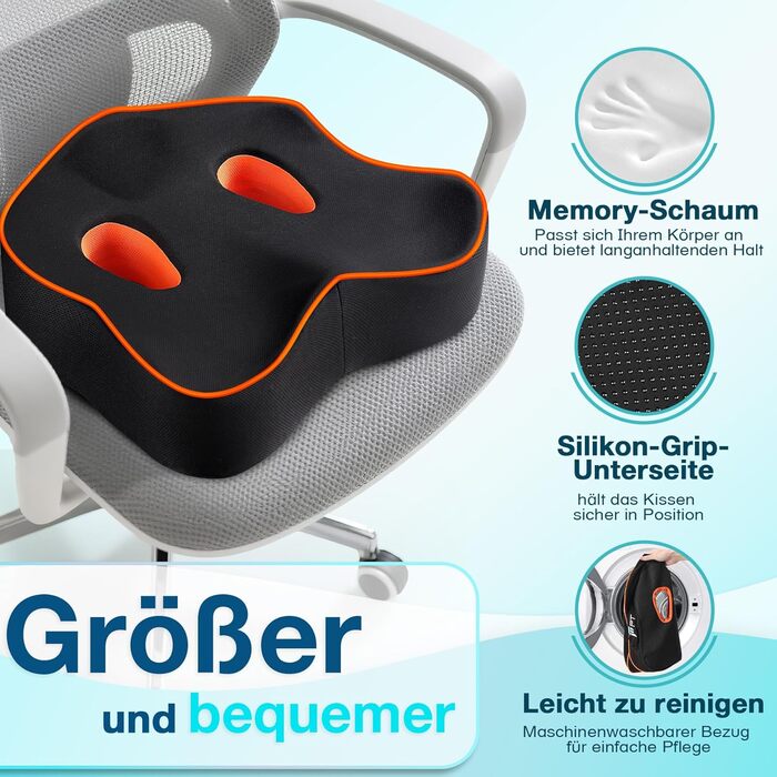Ергономічна подушка для сидіння з memory foam для офісного крісла та авто, подушка для офісу, авто та дому, знімна та пральна наволочка, неслизька M (60–85 кг) (XL-Mittel (60–100 кг))