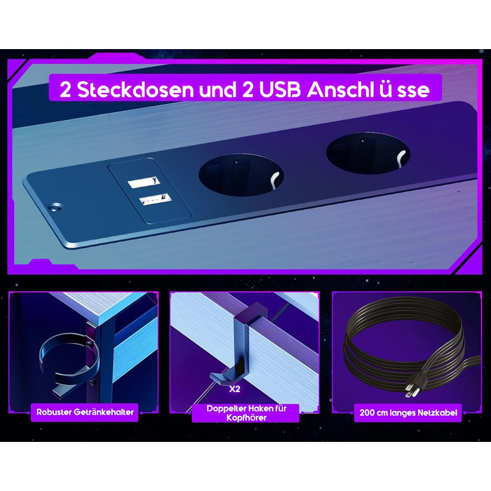 Ігровий стіл ODK 129x129 см з LED підсвіткою, 2 розетки та 2 USB, для ПК та комп'ютера, білий