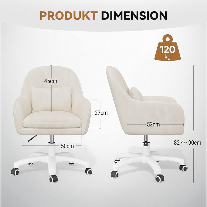 Крісло для дому та офісу Aivermeil: м'яке, з підголівником, обертове, регульоване по висоті, ергономічне, до 120 кг, бежеве