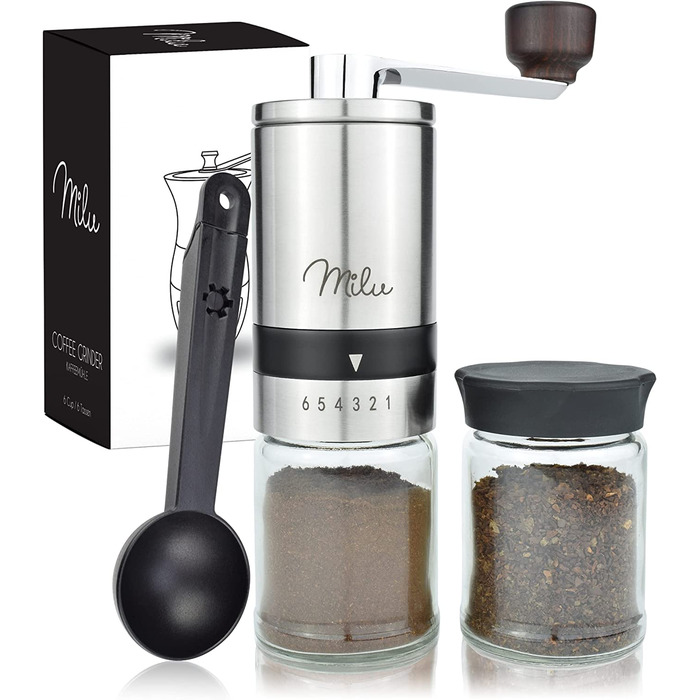 Ручна кавомолка Milu Manuelle – кавомолка для еспресо з керамічним жорном, 6 ступенів помелу, з ложкою та щіткою (срібна)