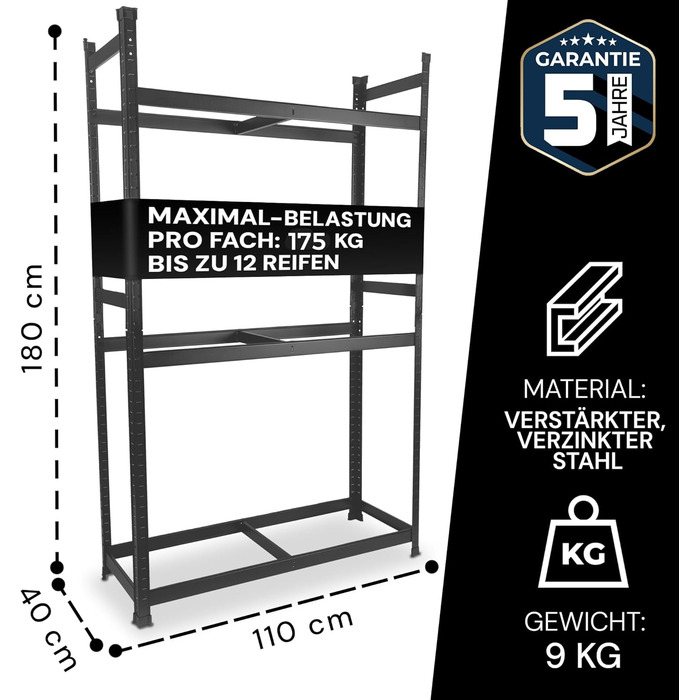 Стійка для шин преміум-класу 100x110x40 см, вантажопідйомність 175 кг, економія місця, для гаража та складу (чорний, 12 шин)